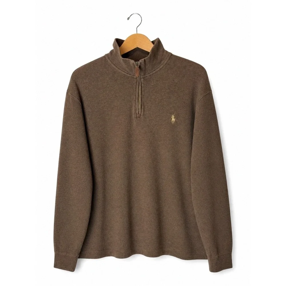Polo‎ Ralph Lauren Quarter Zip Pullover Men XL Brown Cotton Preppy Logo Academia